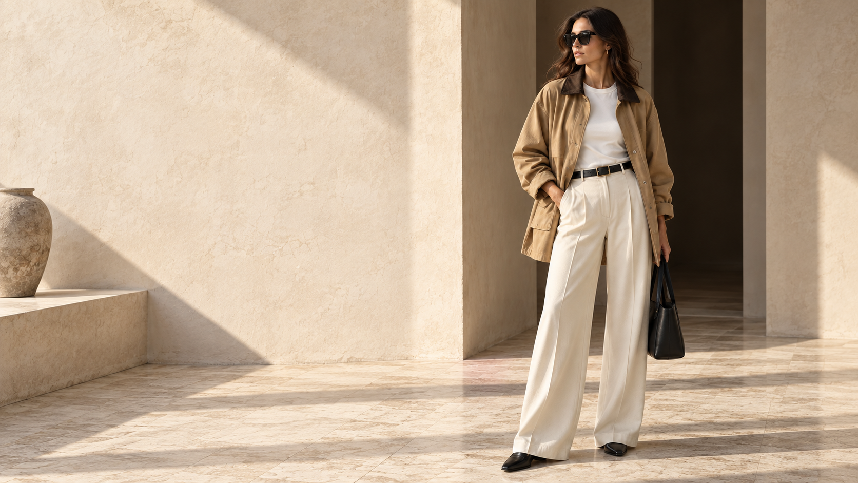 Woman wearing a camel jacket, ivory top and cream wide-leg trousers with black accessories in a sunlit stone courtyard.