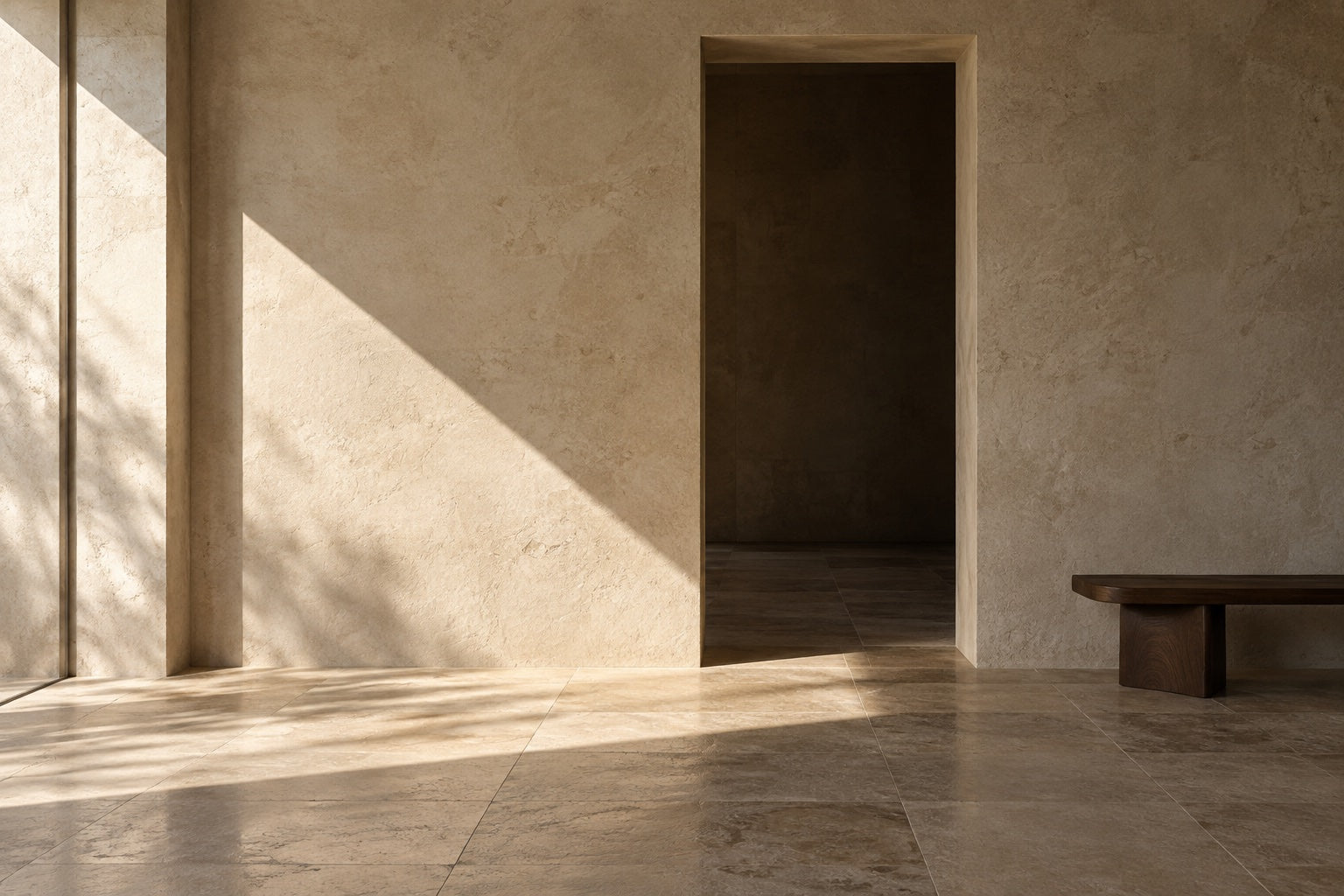 Sunlight and shadow across a warm stone interior.